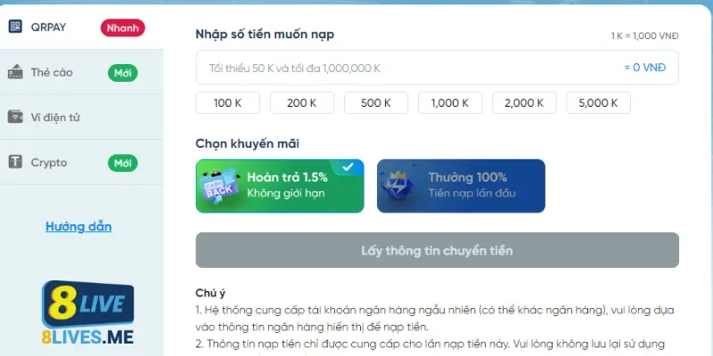 Cách thức nạp tiền 8Live qua QR Pay