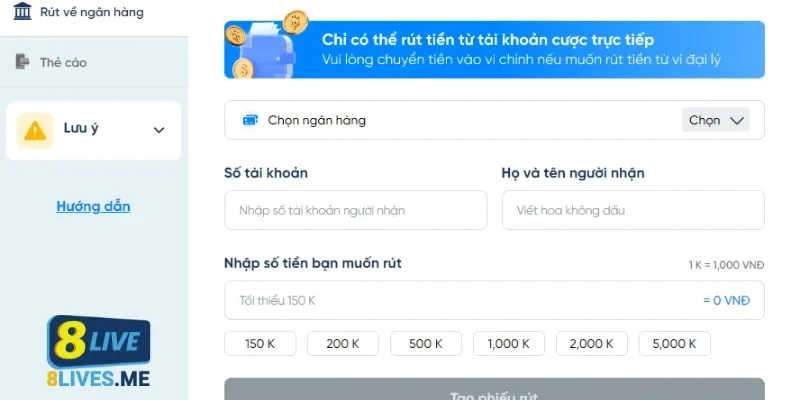 Cách thức rút tiền 8Live về tài khoản ngân hàng