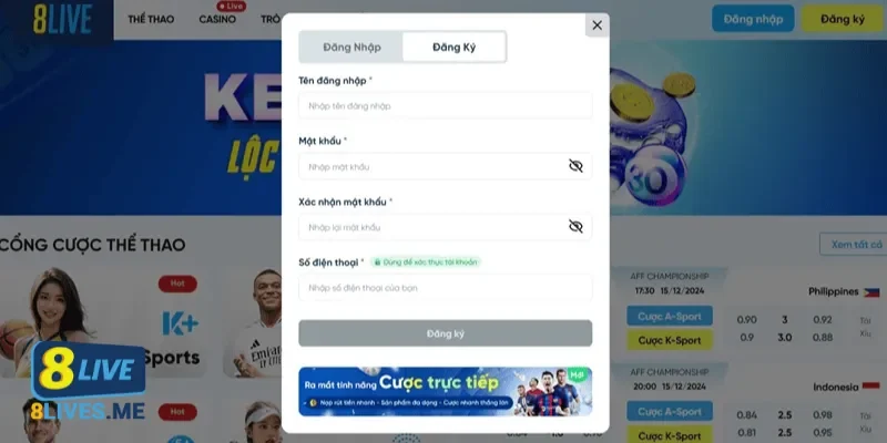 Điền thông tin vào biểu mẫu đăng ký 8Live