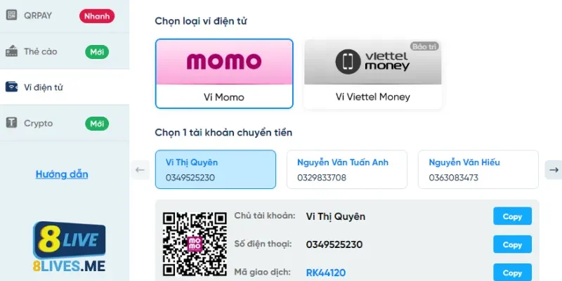 Hướng dẫn gửi tiền 8Live qua ví điện tử