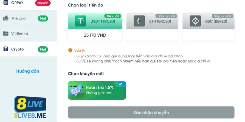 Hướng dẫn nạp tiền 8Live bằng Crypto