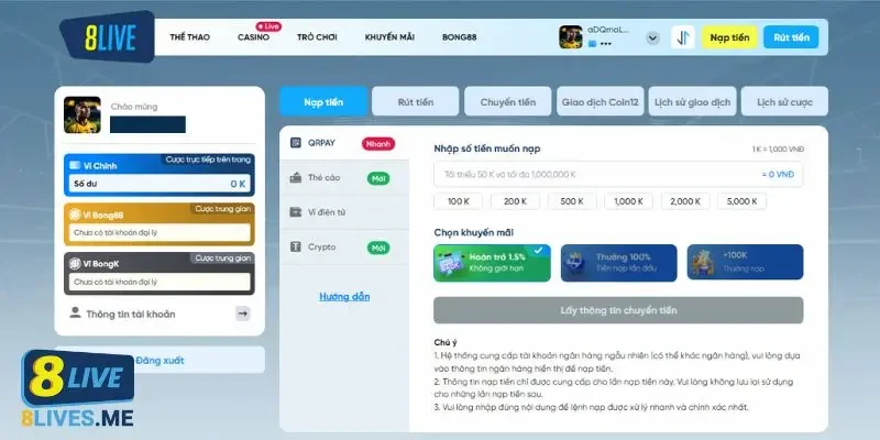 Nạp tiền 8Live cá cược siêu tốc
