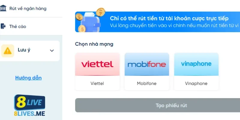 Quy trình rút tiền 8Live bằng thẻ cào